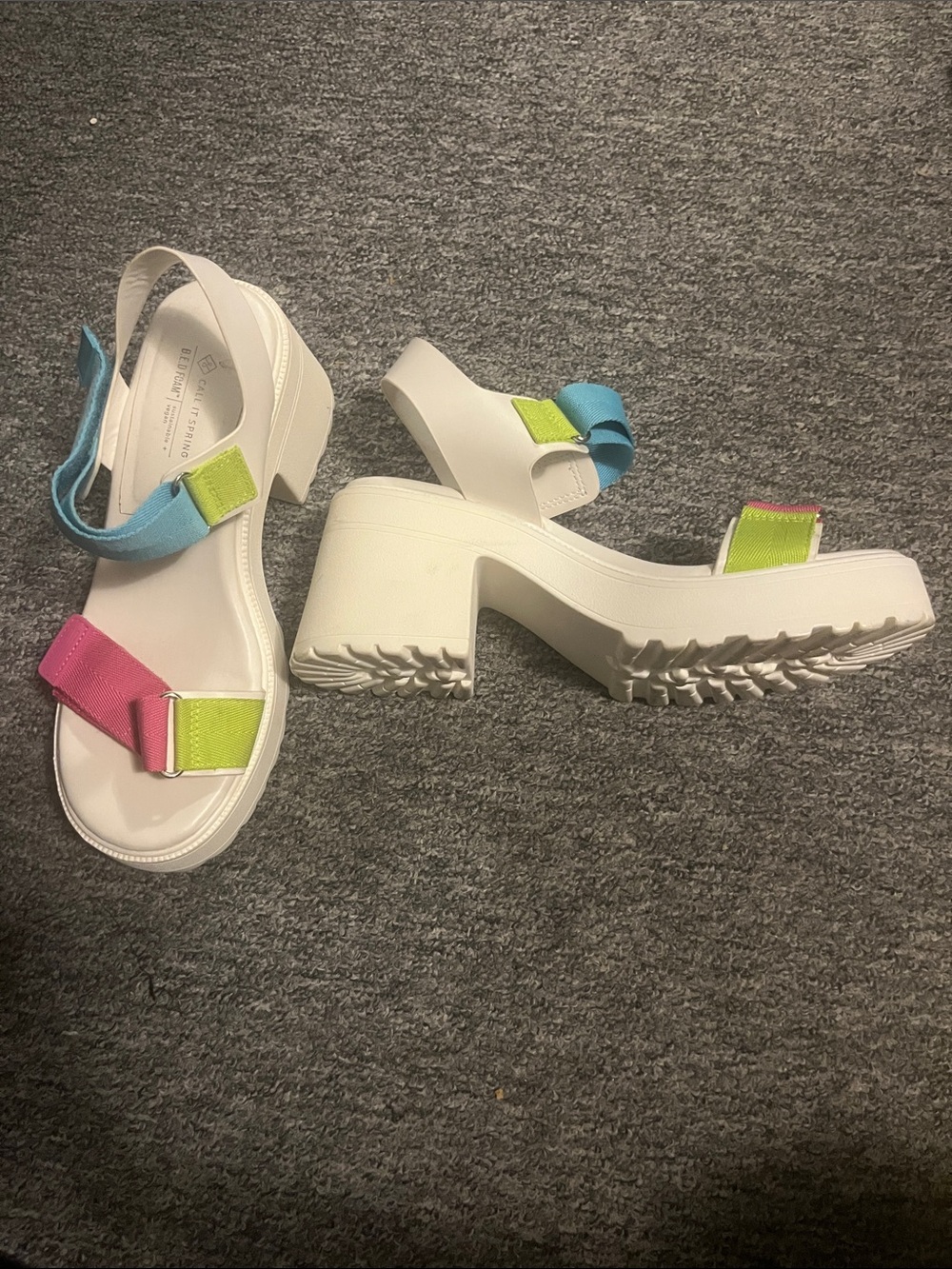 Call It Spring White Chunky Heel Sandals with Pink, Blue & Lime Straps